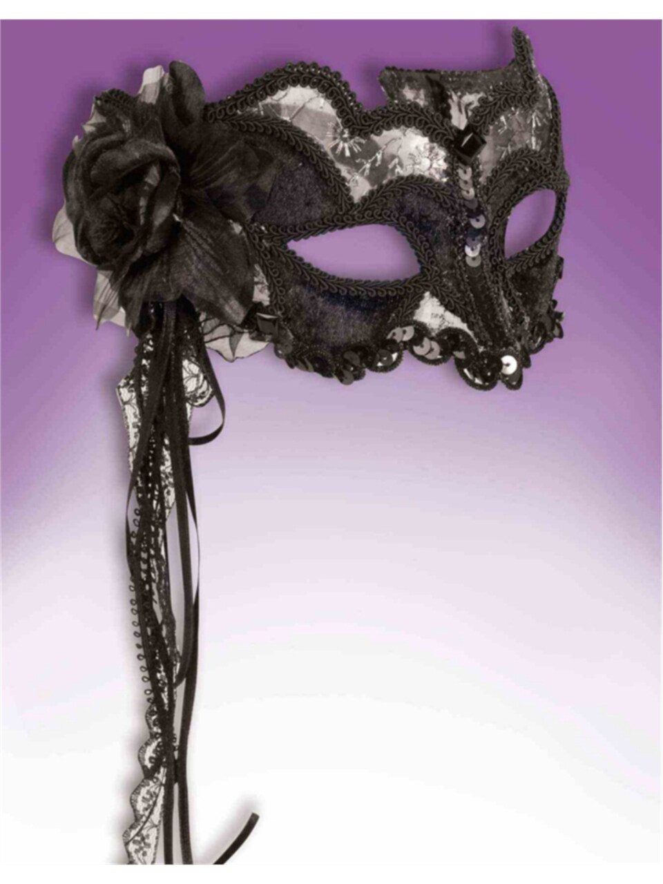 Deluxe Retro Black Venetian Carnival Eye Half Mask Sequin Large Flower
